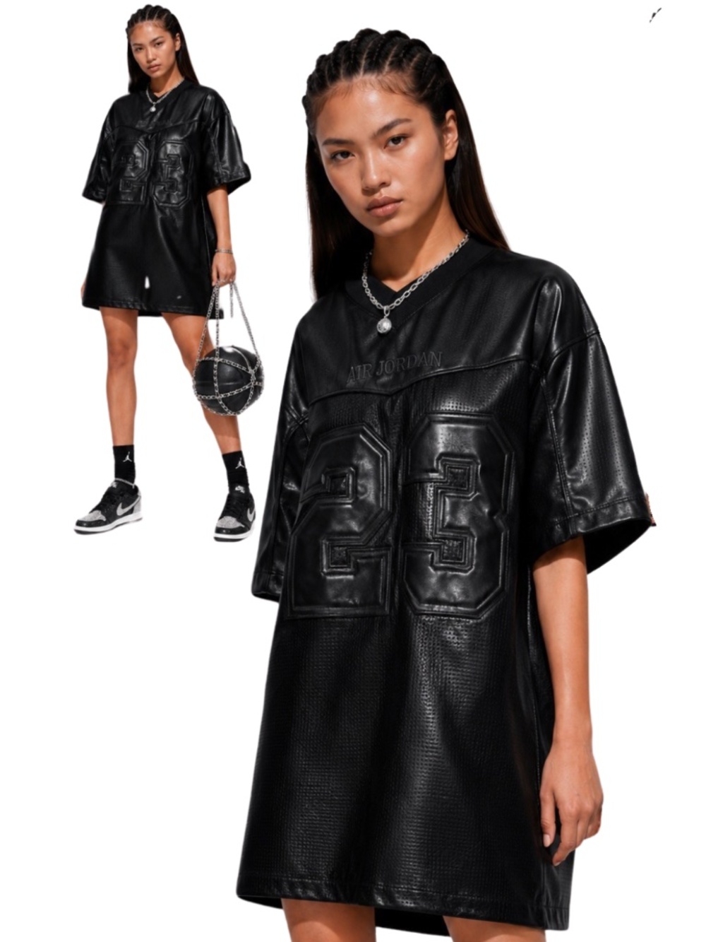 Nike Air Jordan Flight Black Faux Leather Jersey Dress Medium  HQ9184-010 Glam